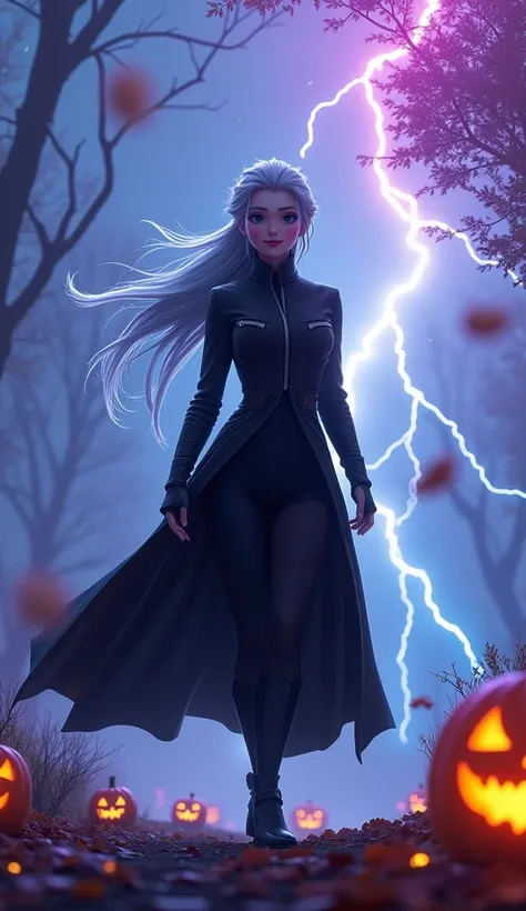 Womens Middle Angle 3D Anime Movie in Ninja Style, With an infinity backdrop in the style of Halloween , ghost, tree, Desolate, pumpkin.  Elsa wears a sleek black jacket with a zipper and long hair , Blue-gray hair. , she is in a lively posture ,  With her...