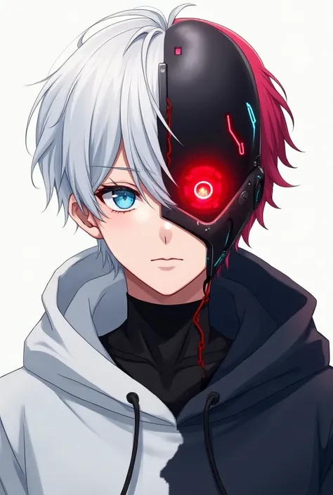 Handsome man with blue eye in half  white short hair wear white hoodie and black mask, and red eye in another half red short hair wear black hoodie cyborg helmet  head. in anime style