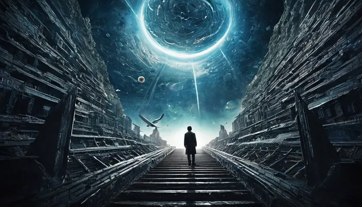 Mysterious poster for time travel thriller、Enjoy a mind-blowing movie experience, Complex timelines and parallel universes are visually stunning、A place where thought-provoking stories converge. This work、It captures the complexity and fascination of the t...