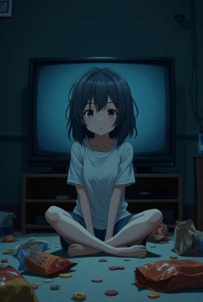 Anime character design of a lazy young girl with messy hair, sitting on the floor with a blank expression, glued to a TV screen. SHe’s surrounded by empty snack bags and a dimly lit room. Style: muted colors with a comedic twist, capturing his indifferent ...