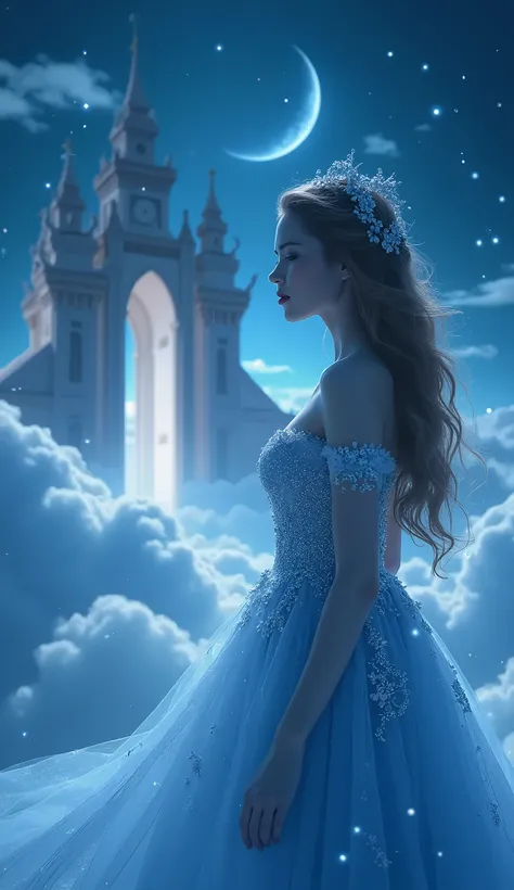 Magical blue night is a dark and blue sky background, a white crescent moon, Photography taken from a distance, beautiful face, beautiful lips, as if fantasy and reality combine. probably a woman, facing the viewer, adorned in a shimmering blue wedding dre...