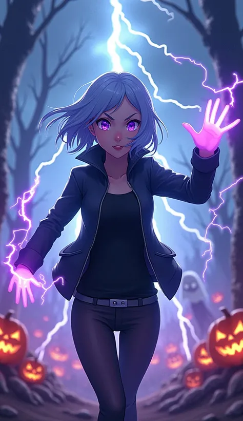 Womens Middle Angle 3D Anime Movie in Ninja Style, With an infinity backdrop in the style of Halloween , ghost, tree, Desolate, pumpkin.  Elsa wears a sleek black jacket with a zipper and long hair , Blue-gray hair. , she is in a lively posture ,  With her...