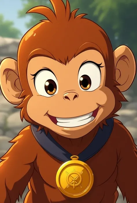 a close up of a cartoon monkey with a medal around his neck, a comic book panel inspired by Yang J, trending on cg society, mingei, wukong, animated series, appears as the fire goddess, buizel and human fusion, sun wukong, brittney lee, animation still scr...