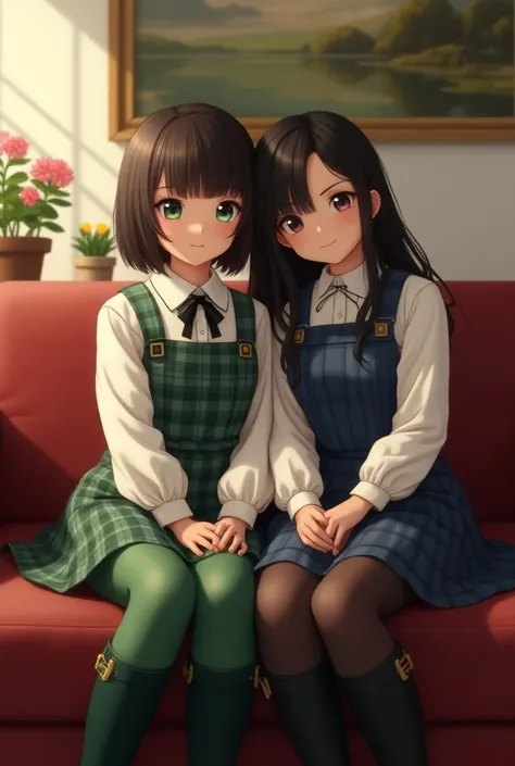 Positive Prompt: 
A realistic photograph of two schoolgirls sitting closely on a red leather couch. The girl on the left has short, dark brown long hair styled in a neat bob with straight bangs, soft green eyes, and a delicate smile. She is dressed in a wh...