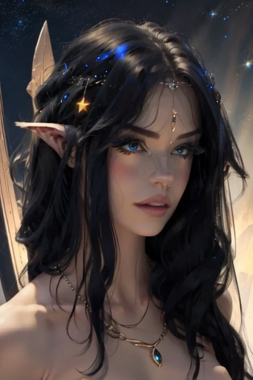 score_9 fantasy female elf, black hair like the night sky, stars in hair, platinum jewelry with sapphires, wearing revealing white roman clothes, sheer clothes, nudity, anime, masterpiece, 4k, epic