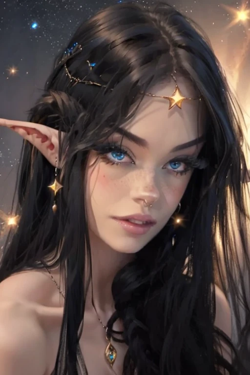 score_9 fantasy female elf, black hair like the night sky, stars in hair, platinum jewelry with sapphires, wearing revealing white roman clothes, sheer clothes, nudity, anime, masterpiece, 4k, epic