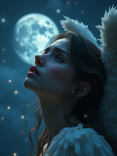 a crying angel, night sky, moon, dramatic lighting, surreal, ethereal, melancholy, digital art, detailed face, beautiful eyes, long eyelashes, flowing hair, celestial, fantasy, cinematic, emotional, 8k, high quality, photorealistic, intricate details, mast...