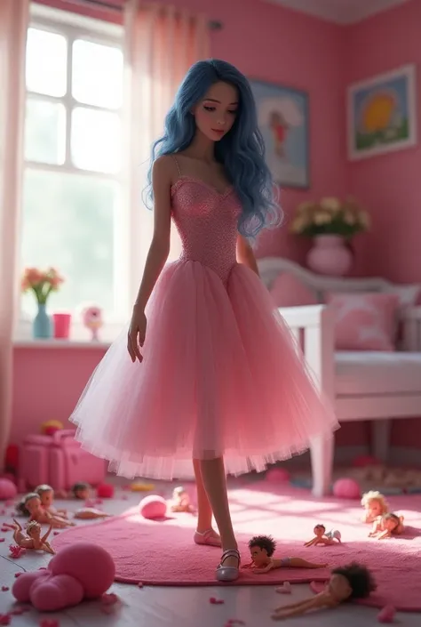 A proper and beautiful teenage girl who can change her shape and size. He can transform into any object or animal. He really likes this magical power of his. In the background girl health things. Dark blue wavy hair. The girl is in a sexy and cute ballet d...