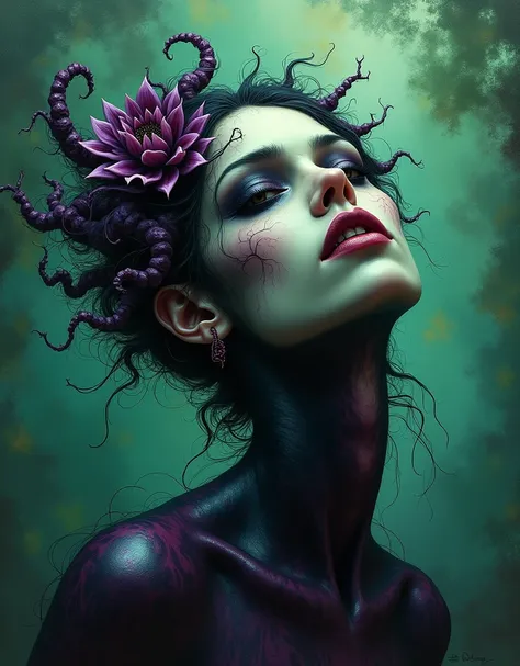 a macabre and twisted beauty, dramatic green and purple colors, insanity and darkness, oil painting inspired by the art of Bill Sienkiewicz, detailed facial features, dramatic lighting, intense and haunting atmosphere, intricate textures, surreal and fanta...