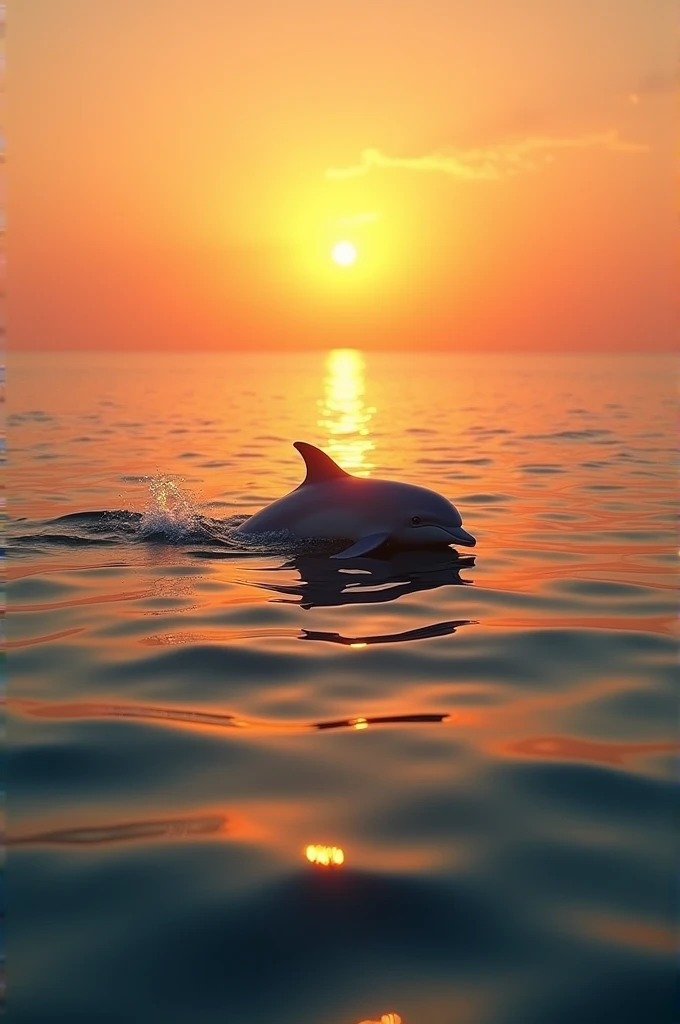 Generate an image in which add ocean over which dolphin visible make the environment sunset yellow and orange colour and also add the reflection of the sunset on the ocean