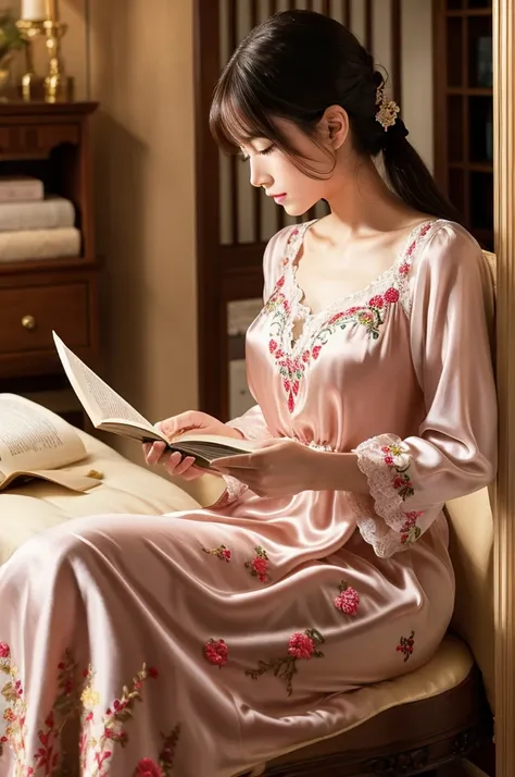 In an elegant home、In an embroidered silk nightgown、Pikachu quietly enjoys reading