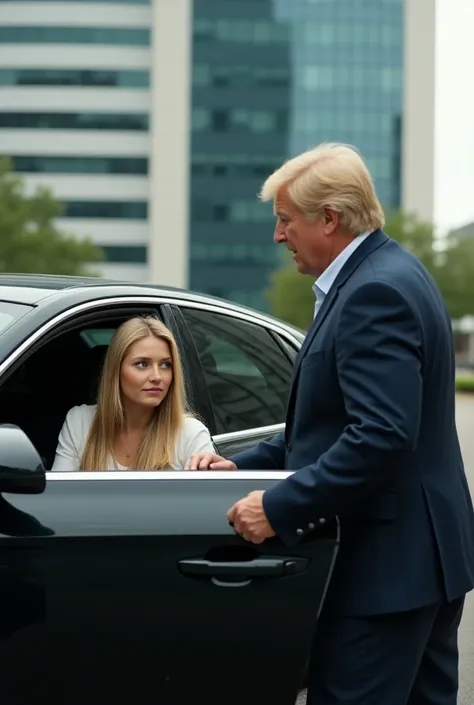  generates a hyperrealistic image of a girl sitting inside her black Audi, That doesnt start ,  she is a long-haired blonde ,  and a blond boy with brown eyes , Older than her, handsome,    speaking from outside the car ,  through its window to offer help ...