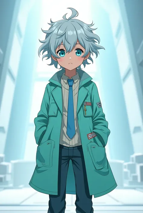 Anime panel , chico,  curly hair color silver with light blue,  eyes color sky , light brown skin,  with scientific coat color green ,  futuristic white and light blue 