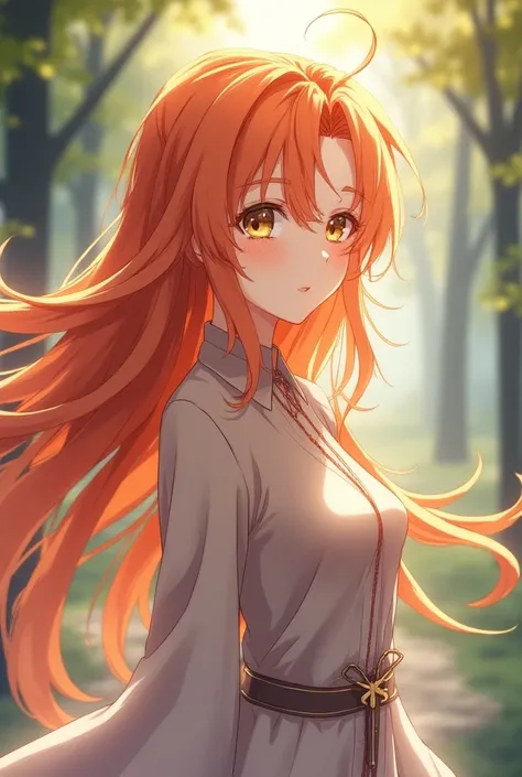 a beautiful and noble lady, long orange hair, golden brown eyes, discreetly dressed. anime characters.