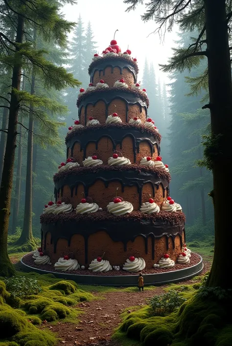 The worlds largest black forest cake, the size of a building, surrounded by trees of the black forest