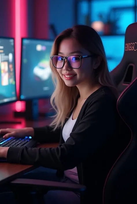 Create an image of a beautiful woman from Jakarta sitting in her gaming room, fully immersed in playing online games. She has an oriental beauty with a lovely face, chubby cheeks, and a warm smile. Her body is slightly plump but well-proportioned, radiatin...