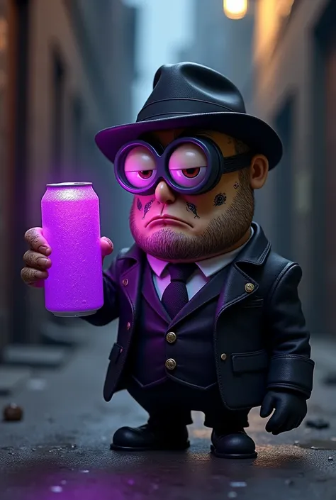 (photorealism:1.2) Gangster Minion holding purple sprite