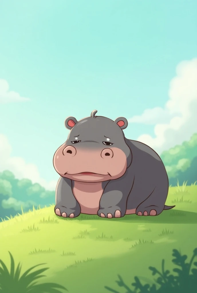 A young hippopotamus who is tired of climbing the hill is taking a break。
Cute anime style 。