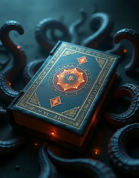 a surreal eldritch book, dark and occult, ancient grimoire, leather-bound tome, intricate arcane symbols, mystical runes, glowing pages, otherworldly energy, sinister presence, twisted tentacles, nightmarish creature, unsettling atmosphere, cinematic light...