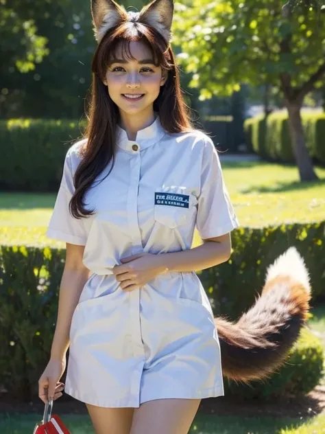 ((Best Quality, 8k)), ((masterpiece)), ( highest resolution ),  perfect face, Woman with fox ears, Woman with a tail, Beautiful woman, She is a nurse, It was taken in the garden, Only one tail, She has thick thighs, Her big fox tail, I can see her fox tail...