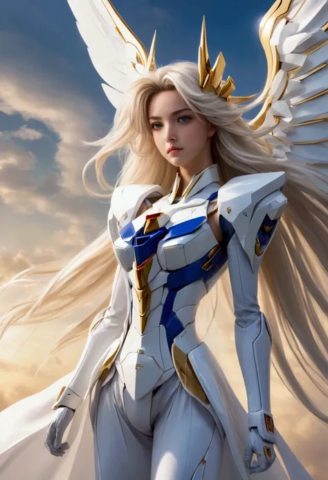 Create a full-body portrait of a female Wing Gundam Zero EW in her signature outfit, captured in a wide shot. She stands confidently in a powerful pose, embodying strength and grace. Her outfit features a sleek, futuristic design with a predominantly white...