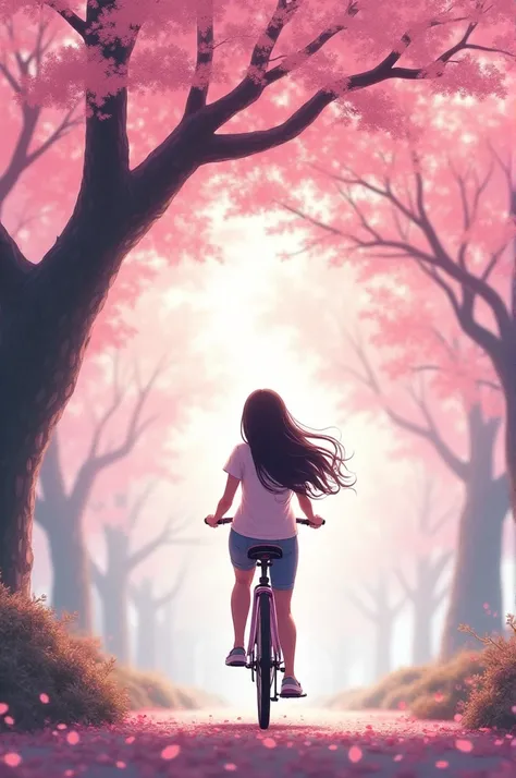 23 year old girl sat on a bike back facing under a long cherry blossom tree 