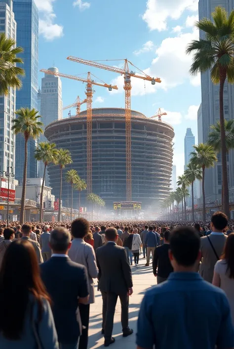 People in Los Angeles watching the workers building Staples Center Arena in Los Angeles, California under construction 🏗 year 1 