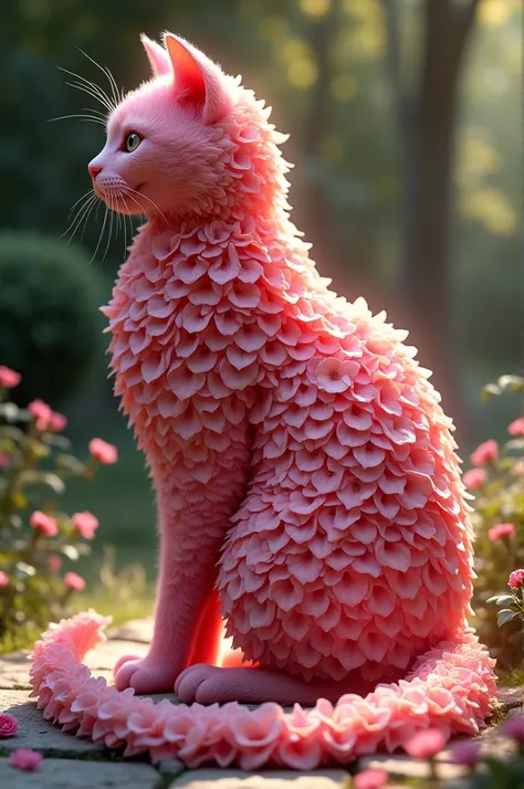 Create an image of a large cat whose fur is made out of rose petals, giving it a soft, vibrant appearance. The petals should be intricately layered to resemble the skin of the cat, showcasing different shades of pink and red. The cat should be posed elegan...