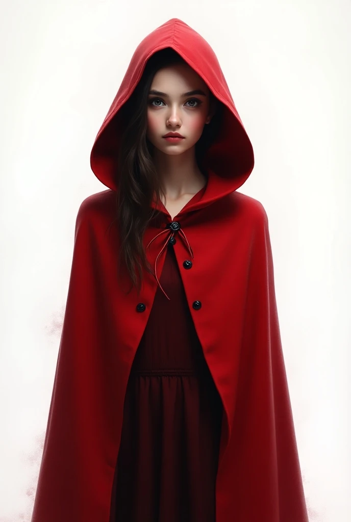 Create a beautiful red riding hood, full body, Halloween style, hyper realistic, isolated in center of bright white canvas with no background, 32K UHD, sharp, bright colors, oil painting.