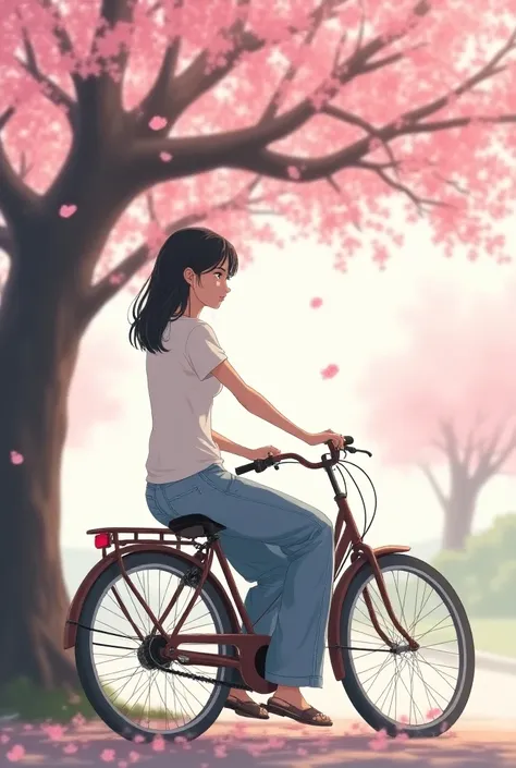 23 year old girl wearing long jeans and white tshirt sat on a bike back facing under a long cherry blossom tree 