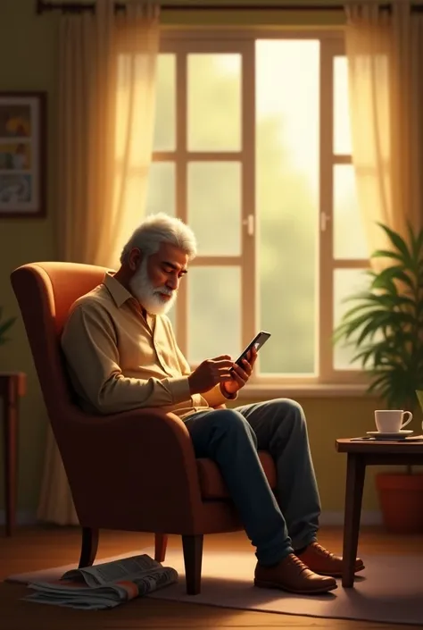 Indian man named Ravi sitting on chair at home in the morning time and watching mobile  