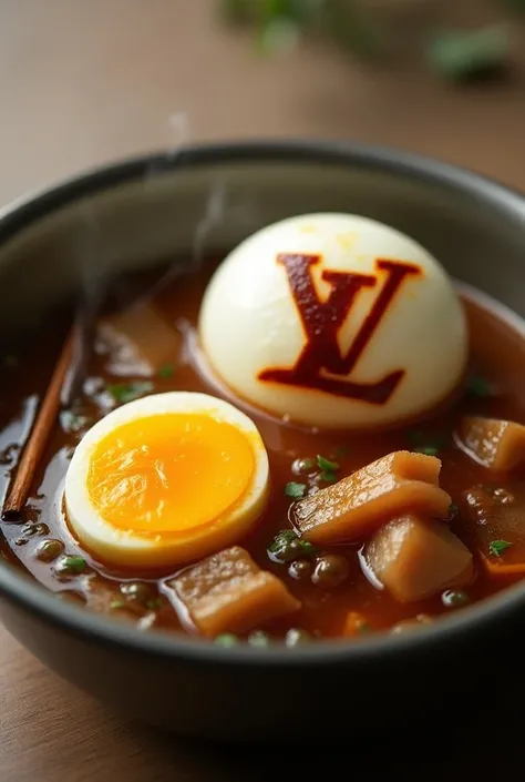 an image of Chinese stewed eggs in soy sauce soup with stewed pork belly, the eggs are carved into Louise Vuitton logo and Chanel logo, and soft-boiled egg cut half showing runny yolk, stewed pork belly cut into pieces put in in brown clear soup, topped wi...