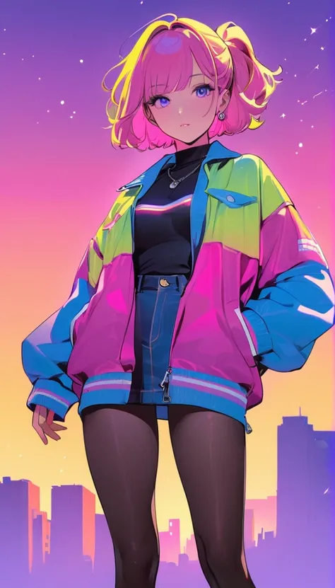 ( best quality:1.2,    city pop style ,    very detailed , Latest, Vibrant,    high contrast , masterpiece:1.2,  best quality, Best aesthetics), girl, ((   frontal shot  :1.4)), Colorful Hair, short bob ponytail , Pastel colors, 1980s Style, ((Retro, Vinta...