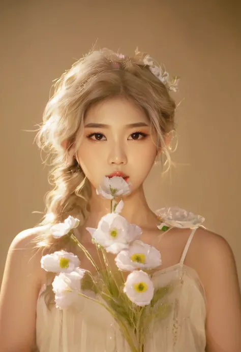 Alafi girl ， holding a flower in her mouth ， beautiful young Korean woman in a white dress ,  Portrait of a Korean female idol , Cui Xianhua, BLACKPINK&#39;s Park Chaeyoung, Beautiful Korean woman, With flowers,  with blooming ethereal effects ,   Popular ...