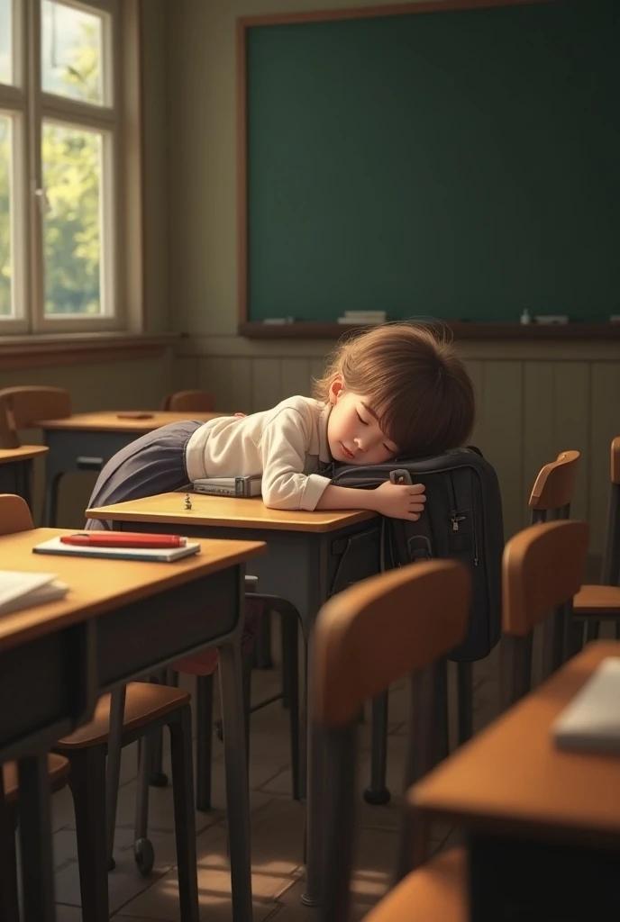 Girl lying on her back at the table in school clothes