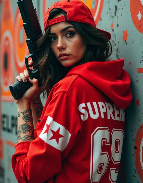 woman with red hoodie and written supreme and 69 on the back of his Dress , 4k, tattoo on arm, gun, cap baseball, background abstract