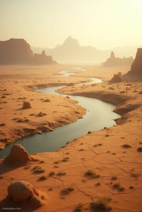 Wide river cutting through a barren desert with cracked earth and distant mountains
