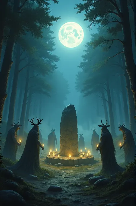 Some group of creature worshiping to a stone in the middle of forest at night 