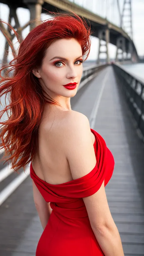 femme de 36 ans aux cheveux rouge, peau blanche, yeux marron, plan large sur le pont, robe fourreau rouge moulante avec découpes...