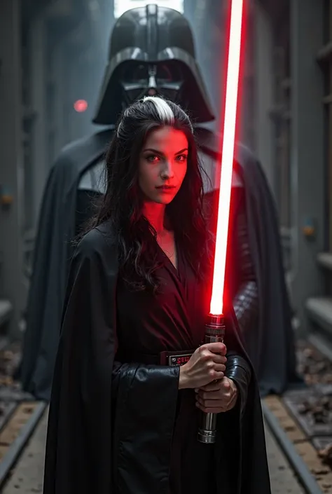 Create a hyper-realistic,  highly detailed photo of a Jedi warrior , shot in the style of photographer Greg Rutkowski.  A young beautiful girl Spara Paige of European appearance.  Long wavy black hair . A white lock of hair in front . Eye shadows . Dressed...