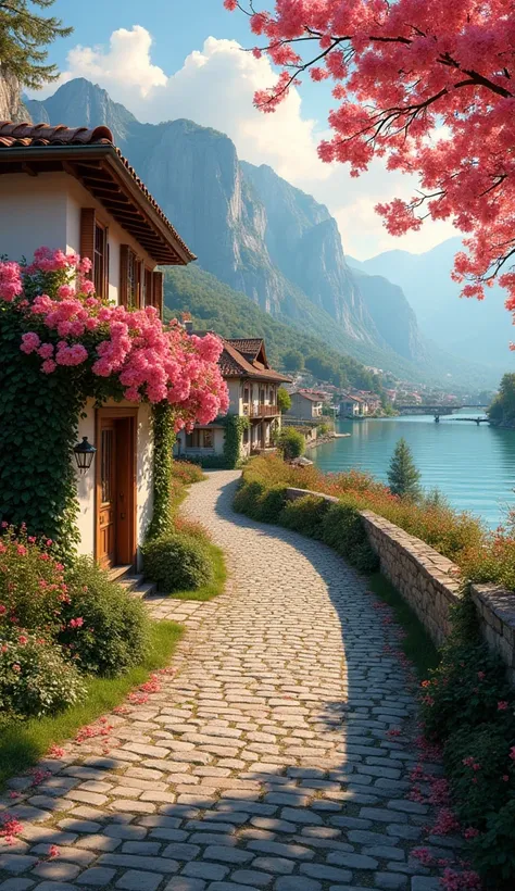 Art Photography，Super realistic。 a small village by the river，Mountains in the background，Flowers in bloom，Bright colors，Detailed scenery，Beautiful natural landscape，Mood lighting，Scorching sunset，Warm colors，practical，practical摄影，Delicate leaves，Complex b...