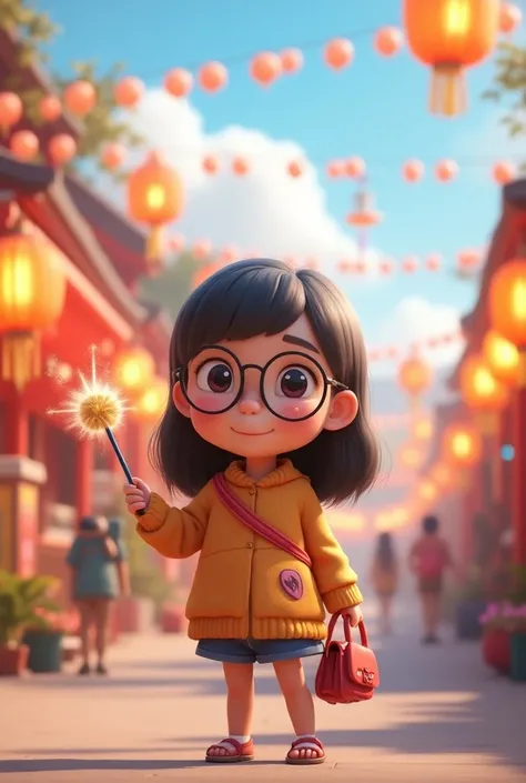 cute girl with glasses dark hair with a magic wand and a bag keychain heart birthday meshura festival Japan on the background of 3d pixar cartoon The inscription above her "HAPPY LI birthday"