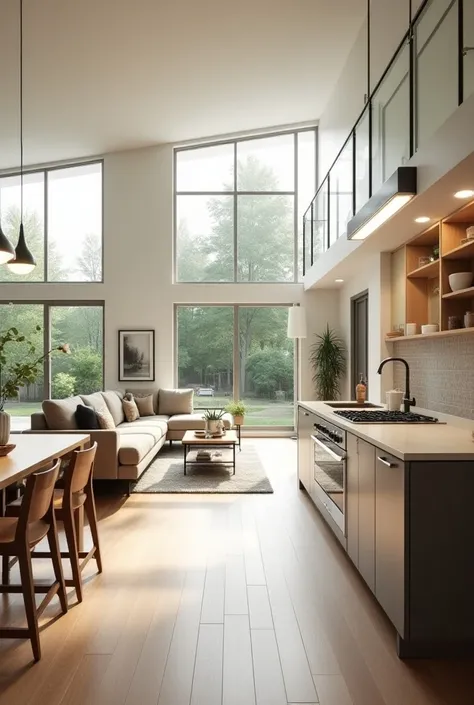  A large living room and a modern kitchen .  The living room should be bright , with large windows. And the kitchen is spacious ,  to make it pleasant to cook and get together with the family.