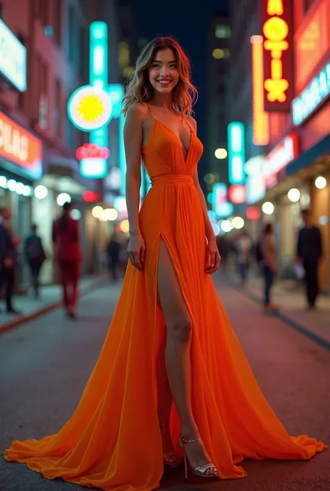 Hyperrealistic close-up photo , masterpiece,  best quality, ( photorealistic :1.4), ntier, (robe de soirée orange brillante décolleté plongeant.2), talons, rue de la ville la nuit, neon lights,  movie light , detailed face, Smile, facing the camera,  photo...