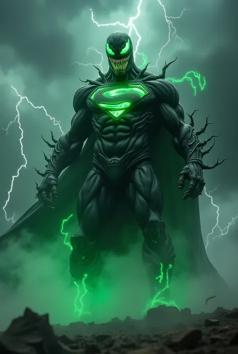 "Create a powerful image of a hybrid creature that merges the attributes of Superman and Venom, depicted as a nuclear mutant. This creature should have a muscular, imposing figure with a dark, glossy exterior that features the iconic Superman emblem twiste...