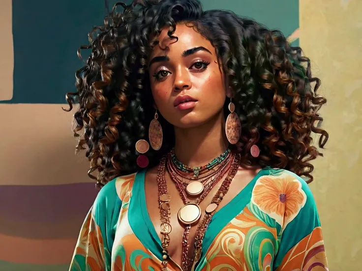 a woman with curly hair and a necklace in a room, neo soul, soulful, soul, great soul, soulslike, artwork, the best, trending on spotify, trending on cg society, highlight, sound, various artists, the, music album cover, by Scott Samuel Summers, an ultra r...