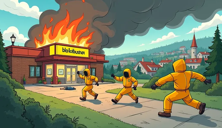 A silly cartoon image of three people in faceless hazmat suits running away from a blockbuster with hands flailing. In the background is Sweden. One of them is running in the opposite direction. All three flee from the Blockbuster.  A body lies on the grou...