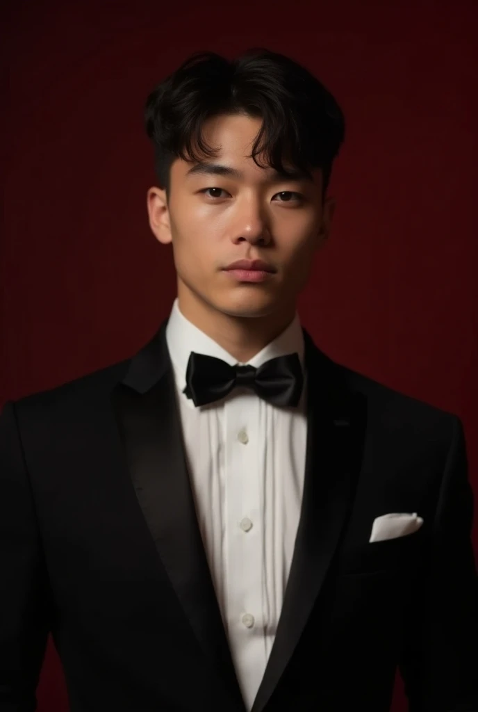 a 24-year-old man with a petite hourglass physique and youthful beauty that makes him appear younger than his age. . Dressed in a perfectly tailored tuxedo that complements his look, he smiles confidently and seductively in a full maroon background, embody...