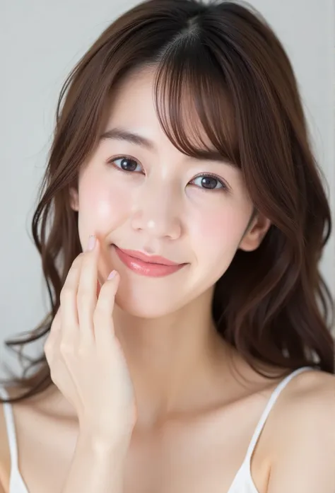 a young, adorable korean woman poses sweetly for the camera, resting her hand gently on her chin, with her long, dark hair frami...