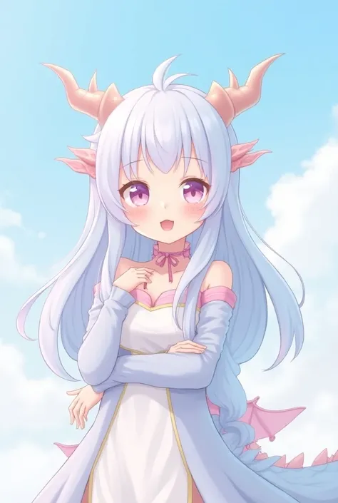  based on light blue and pink in particular 。 has a cute appearance close to a human girl 、 has a feminine form 。Long Hair、 the small dragon wings 、And the horns are characteristic 。 wears fantasy costumes 、 anime-style anthropomorphic dragon girl characte...